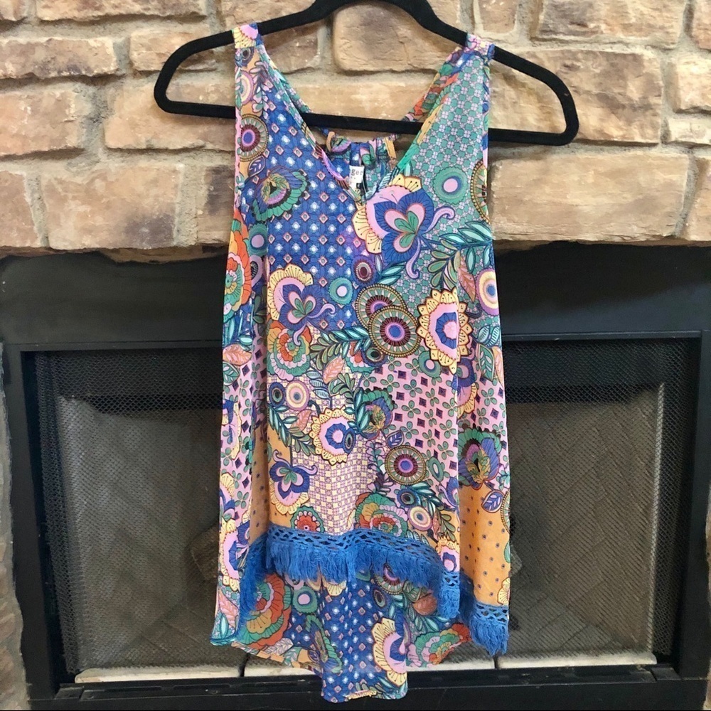NWT Umgee high-low multi-colored razerback  tank top with fringe. Small